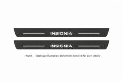 Vauxhall Insignia II Matte PRO catalogue illustration: two flat black FRONT plates with illuminated Insignia lettering on white; not exact dimensions