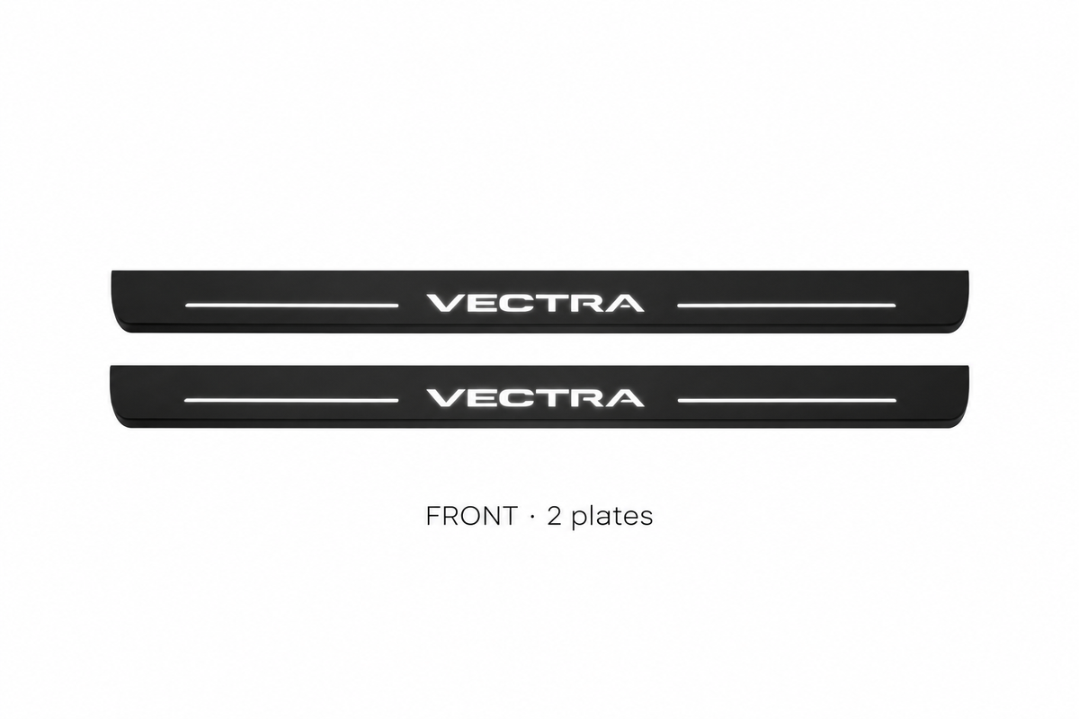 Vauxhall Vectra C Matte PRO catalogue illustration: two black FRONT plates with illuminated VECTRA lettering on white