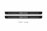 Vauxhall Vectra C Matte PRO catalogue illustration: two black FRONT plates with illuminated VECTRA lettering on white