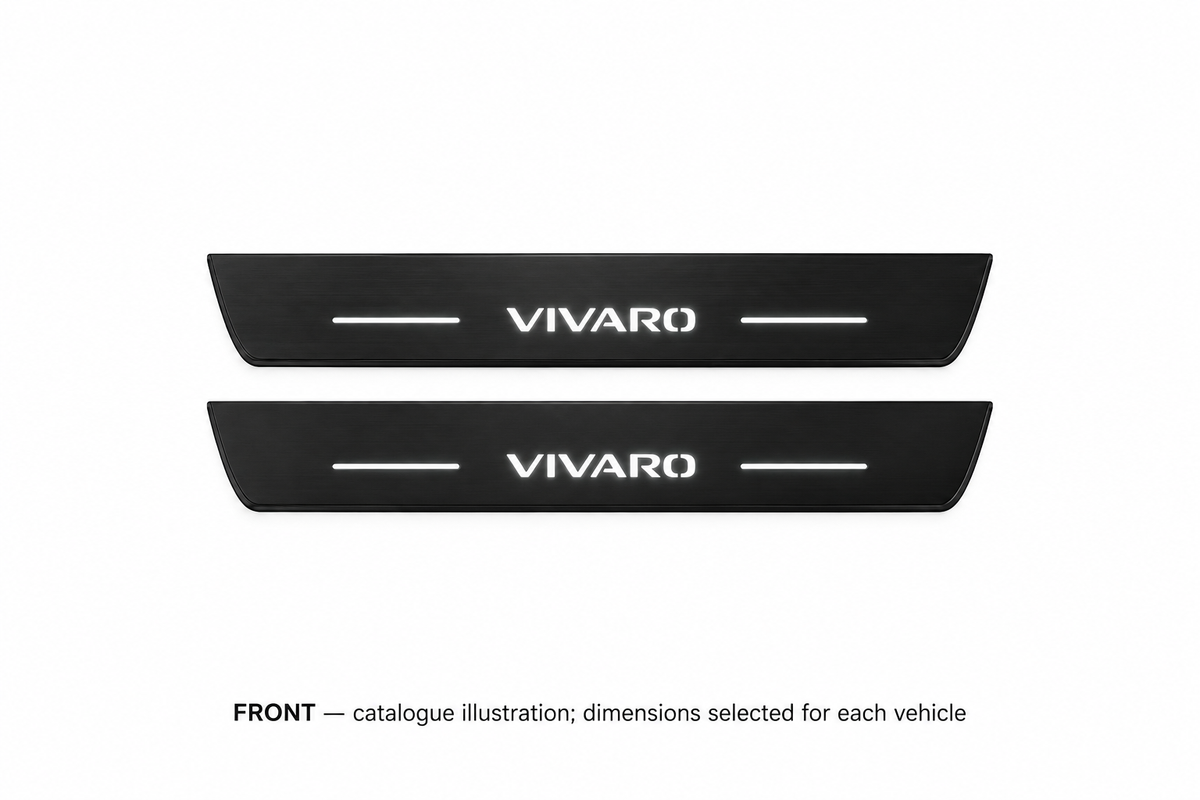 Vauxhall Vivaro K0 Matte PRO catalogue illustration: two flat black FRONT plates with illuminated Vivaro lettering on white; not exact dimensions