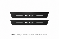 Vauxhall Vivaro K0 Matte PRO catalogue illustration: two flat black FRONT plates with illuminated Vivaro lettering on white; not exact dimensions
