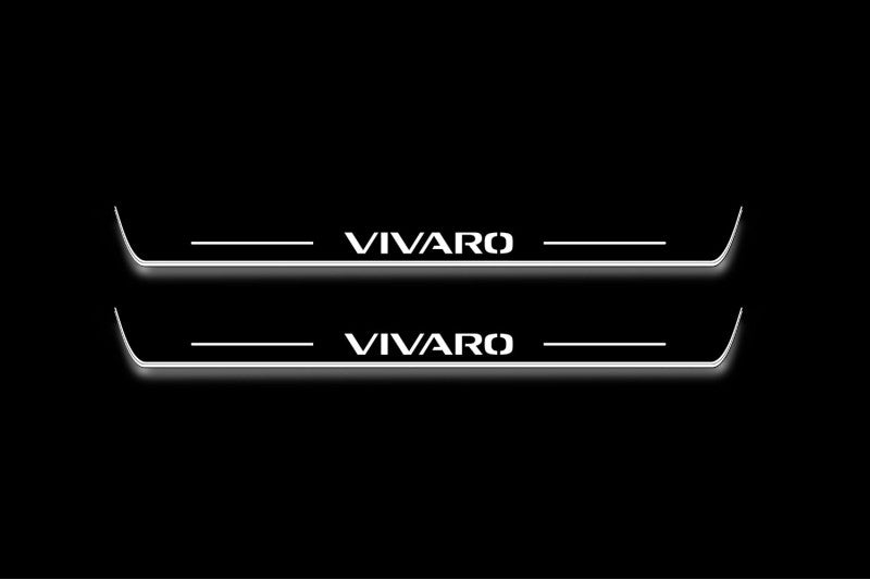 Two long door sill plates with Vivaro lettering and edges illuminated in white, straight-on view on a dark background.