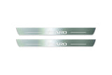 Two long silver-finished door sill plates with Vivaro lettering on a light background, straight-on view.