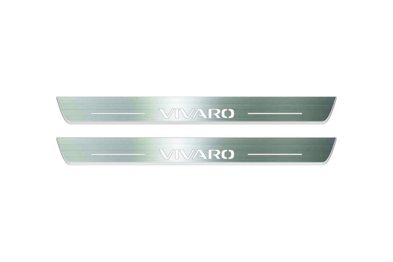 Two long silver-finished door sill plates with Vivaro lettering on a light background, straight-on view.