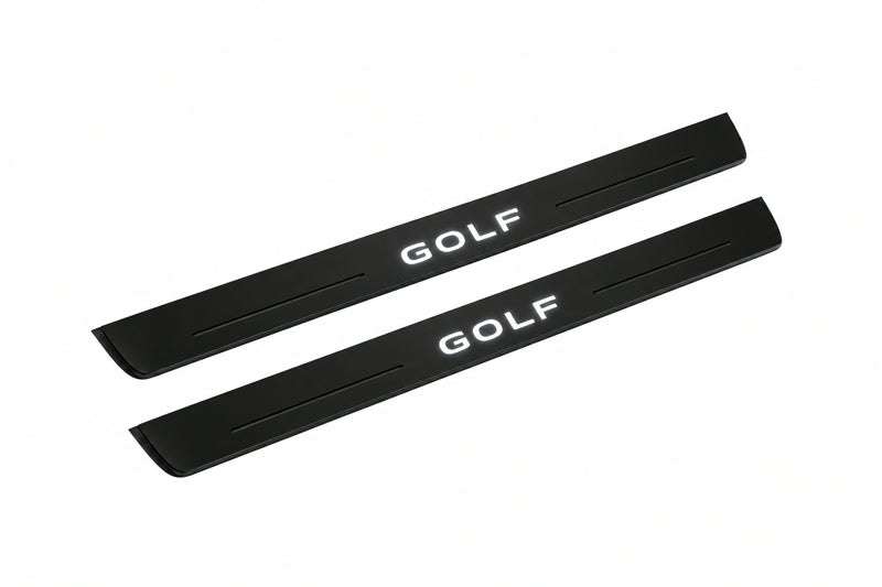 Catalogue illustration of two front black Matte PRO LED door sill plates with illuminated Golf lettering for Volkswagen Golf Mk8 CD1; dimensions are selected during manufacture.