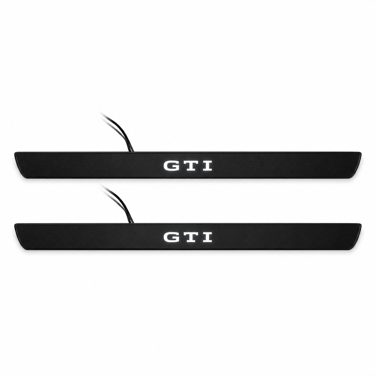 Catalogue illustration of two black Matte PRO front door sill plates with white GTI lettering illuminated only on top. Edges are unlit; rear plates for FRONT+REAR are not pictured. Final dimensions are selected for Golf Mk8 GTI during manufacture.