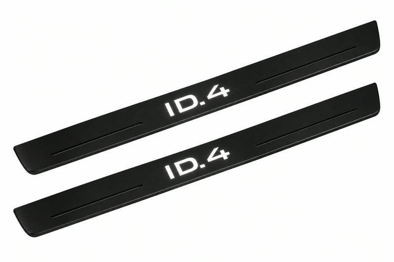 Catalogue illustration of two front black Matte PRO LED door sill plates with illuminated ID.4 lettering for Volkswagen ID.4 E21; dimensions are selected during manufacture.