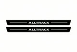 Catalogue illustration of two front black Matte PRO LED door sill plates with illuminated Alltrack lettering for Volkswagen Passat B7; dimensions are selected during manufacture.