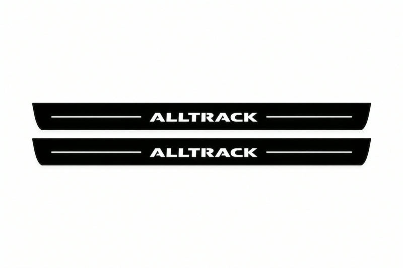 Catalogue illustration of two front black Matte PRO LED door sill plates with illuminated Alltrack lettering for Volkswagen Passat B7; dimensions are selected during manufacture.