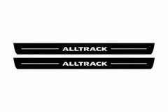 Catalogue illustration of two front black Matte PRO LED door sill plates with illuminated Alltrack lettering for Volkswagen Passat B7; dimensions are selected during manufacture.