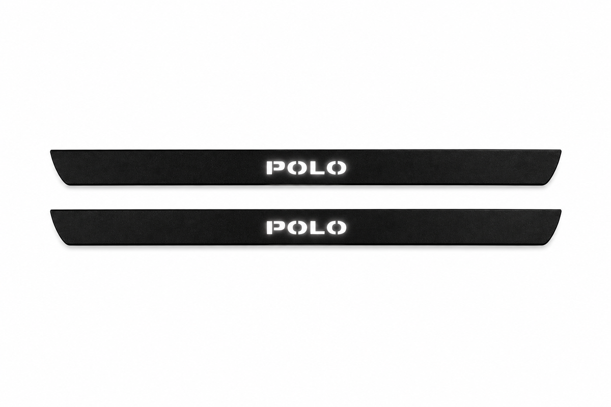 Catalogue illustration of two black Matte PRO front door sill plates with white POLO lettering illuminated only on top. Edges are unlit; rear plates for FRONT+REAR are not pictured. Final dimensions are selected for Polo V during manufacture.