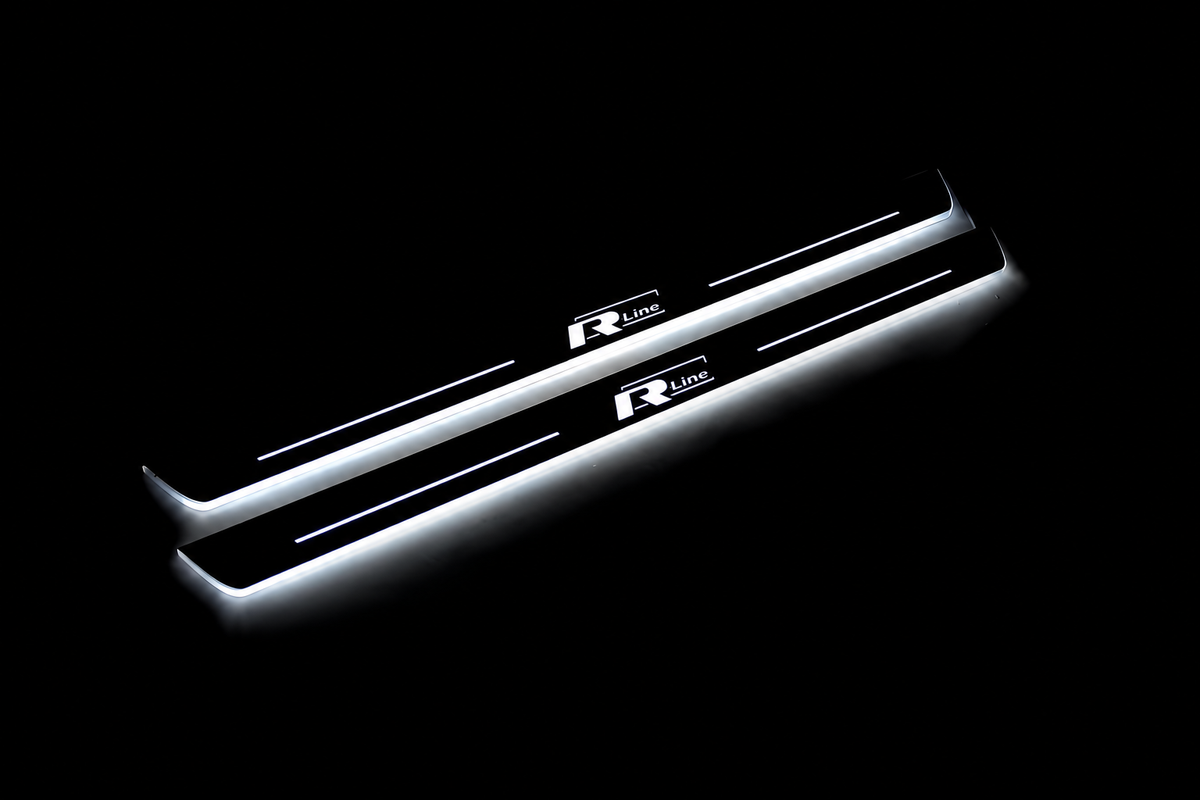 Volkswagen Tiguan 5N stainless steel LED door sills with white R-Line logos and white illumination