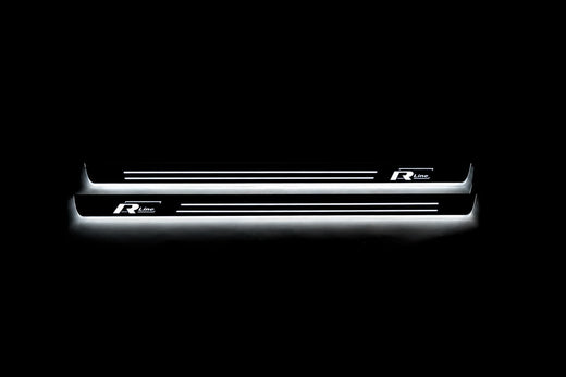 Volkswagen Tiguan 5N 2007–2016 — Stainless Steel LED Door Sills — Edge-Offset Twin-Line R-Line Logo