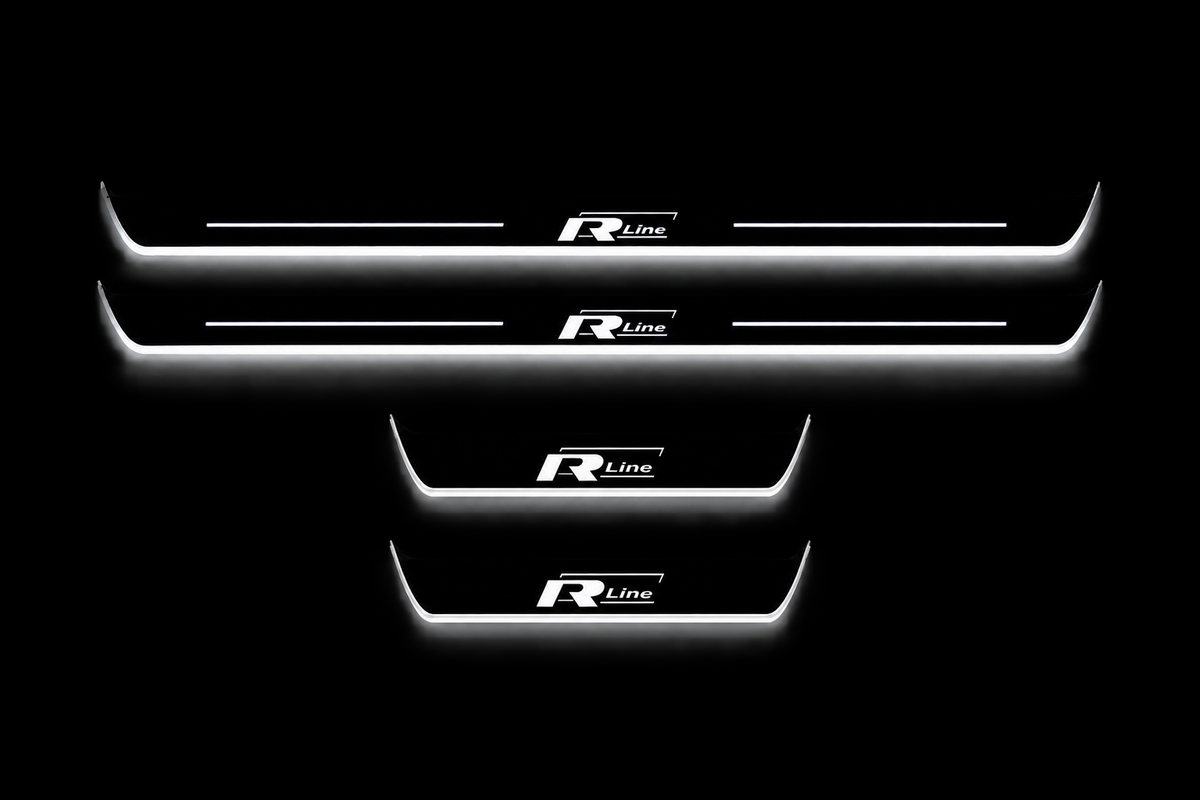 Volkswagen Tiguan 5N R-Line stainless steel LED door sills — complete Front + Rear set, two long front and two short rear plates, white illumination on black