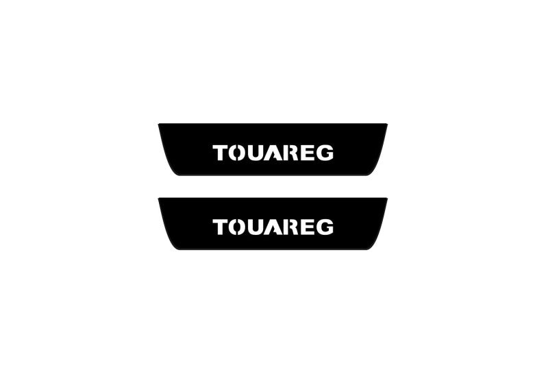 Catalog illustration of two black rear door sill plates with Touareg lettering.