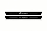 Catalogue illustration of two front black Matte PRO LED door sill plates with illuminated Rdesign lettering for Volvo XC90 II; dimensions are selected during manufacture.