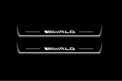 Two long door sill plates with Wald lettering and edges illuminated in white, straight-on view on a dark background.