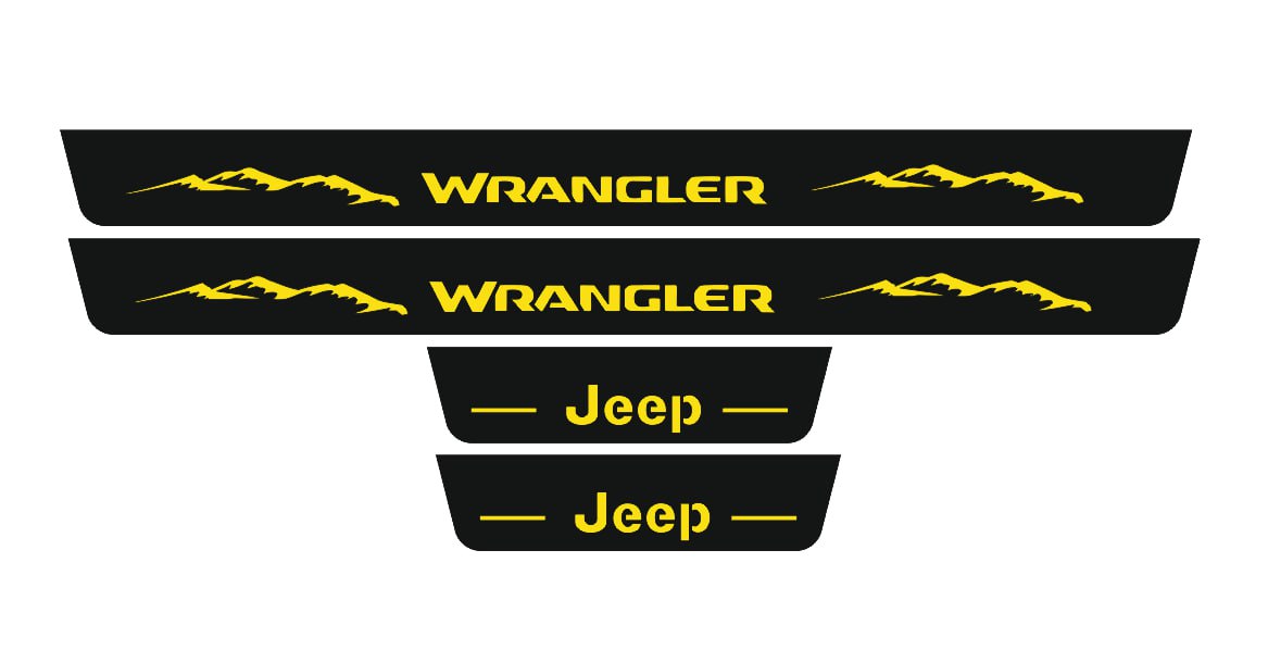 Catalog illustration of four black door sill plates: yellow Wrangler lettering with mountain graphics on the long pair and Jeep lettering on the short pair.