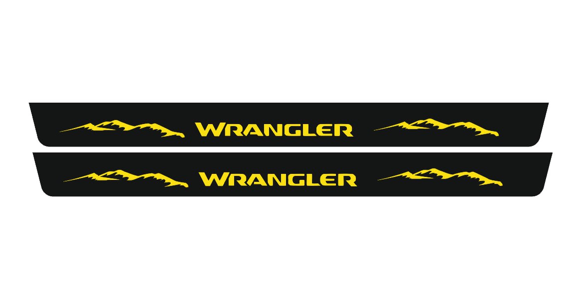 Catalog illustration of two long black door sill plates with yellow Wrangler lettering and mountain graphics.