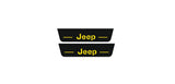 Catalog illustration of two short black door sill plates with yellow Jeep lettering and horizontal lines.
