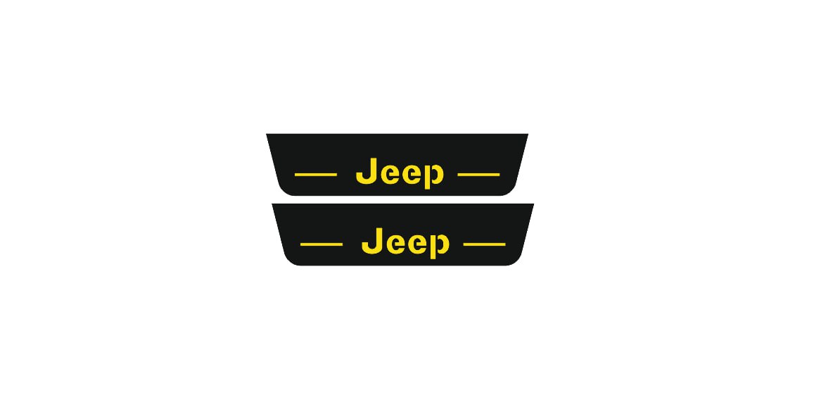 Catalog illustration of two short black door sill plates with yellow Jeep lettering and horizontal lines.