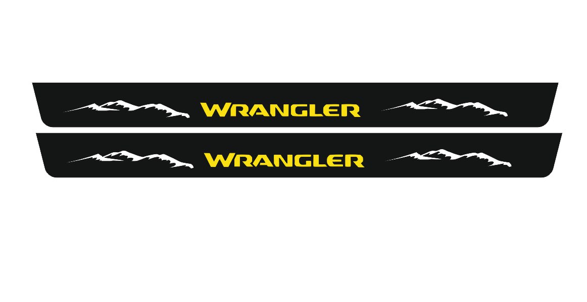 Catalog illustration of two long black door sill plates with yellow Wrangler lettering and white mountain graphics.