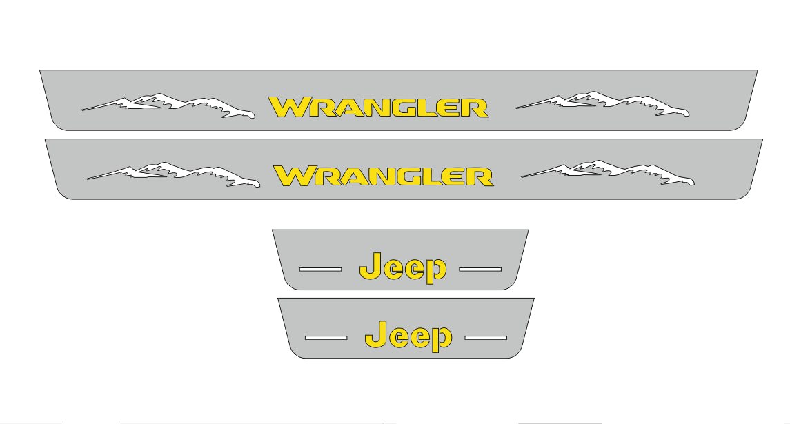 Catalog illustration of four gray door sill plates: yellow Wrangler lettering with mountain graphics on the long pair and Jeep lettering on the short pair.