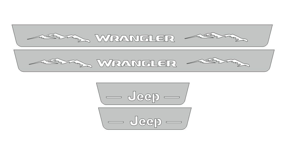 Catalog illustration of four gray door sill plates: white Wrangler lettering with mountain graphics on the long pair and Jeep lettering on the short pair.