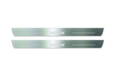 Two long silver-finished door sill plates with WRX lettering on a light background, straight-on view.