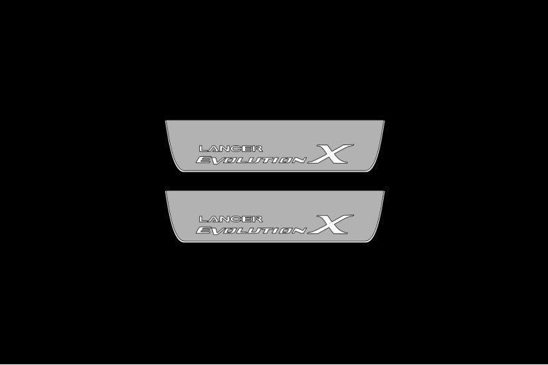 LED door sill plates Mitsubishi Lancer Evolution X 2007+ in stainless steel with Lancer Evolution X logo