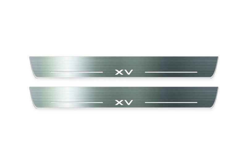 Two long silver-finished door sill plates with XV lettering on a light background, straight-on view.