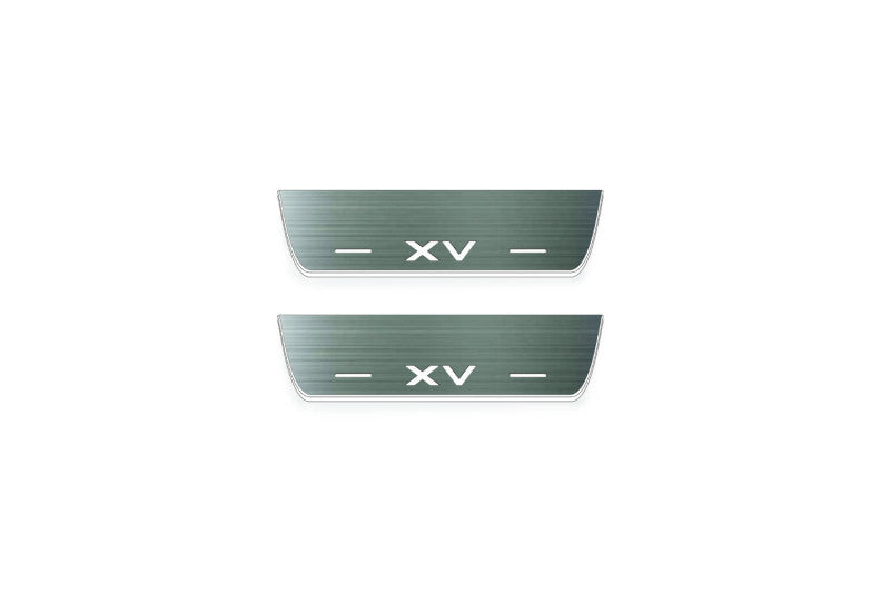 Two short silver-finished door sill plates with XV lettering on a light background, straight-on view.