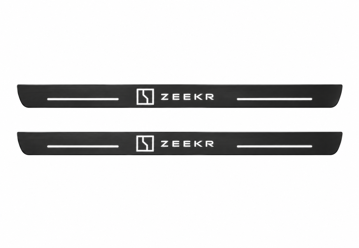 Zeekr 001 zeekr Type 1 Matte PRO LED door sills, FRONT two-piece catalogue illustration, matte black with white illumination