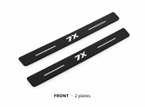 Matte PRO catalogue illustration: two flat black FRONT plates with illuminated 7X lettering and top lines on white; not exact vehicle dimensions