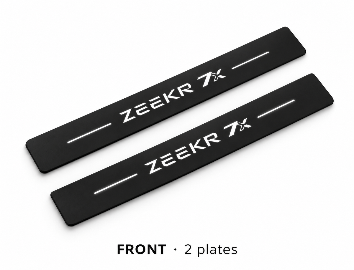 Matte PRO catalogue illustration: two flat black FRONT plates with illuminated ZEEKR 7X lettering and top lines on white; not exact vehicle dimensions