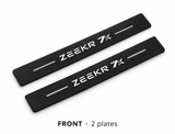 Matte PRO catalogue illustration: two flat black FRONT plates with illuminated ZEEKR 7X lettering and top lines on white; not exact vehicle dimensions