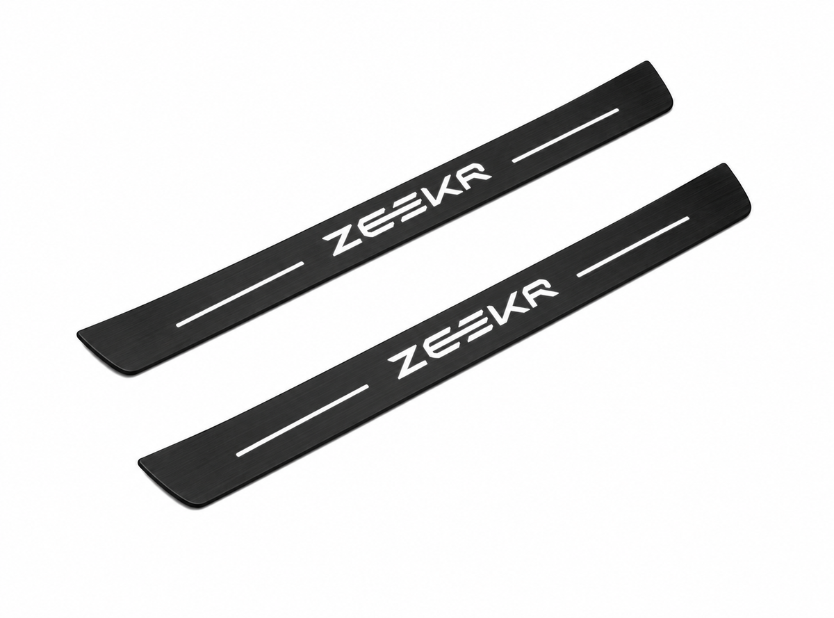 Zeekr 7X Zeekr Type 2 Matte PRO LED door sills, FRONT two-piece catalogue illustration, matte black with white illumination