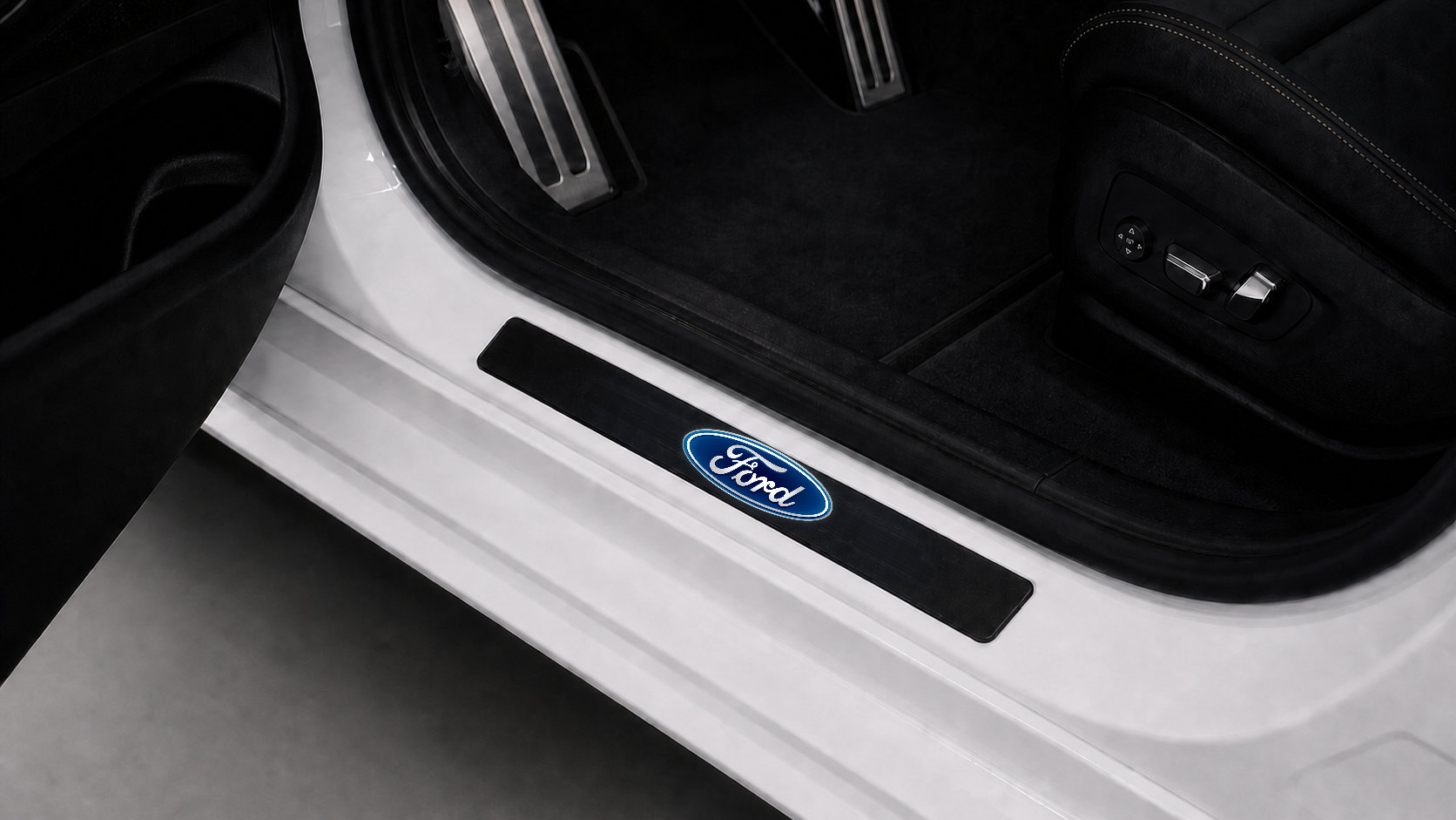 Matched installed Ford LED door sill scene with Ford illuminated inscription