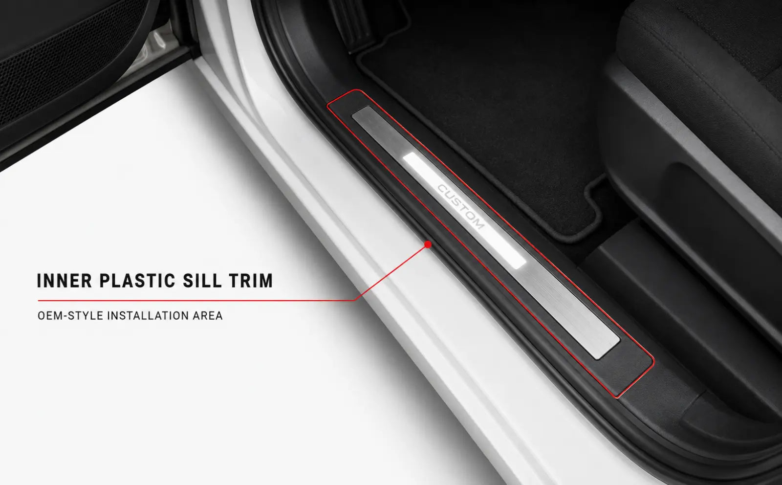 OEM-style LED door sill positioned on the inner plastic threshold trim